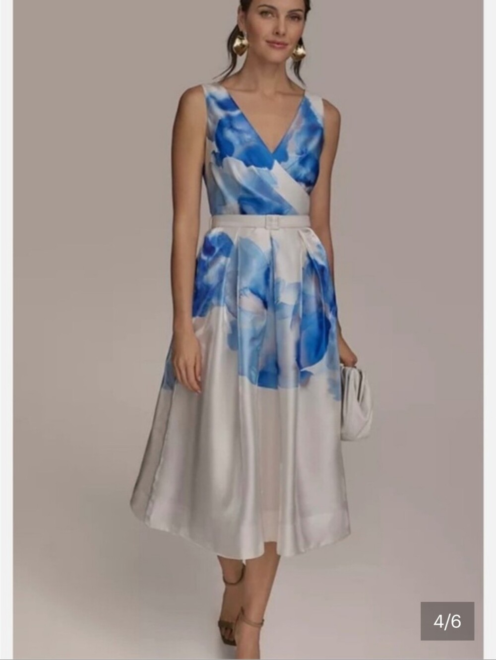 NWT Donna Karan New York $259 Floral Midi Dress Size 6 Blue White Belted Party
